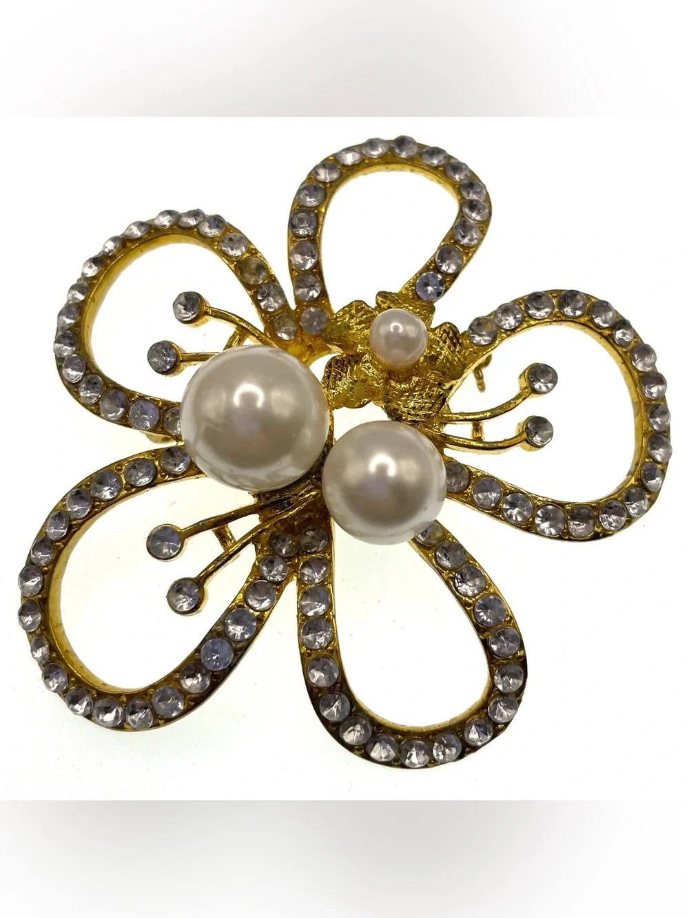 Floral Brooch Rhinestones Faux Pearls Gold Tone 2.5”
